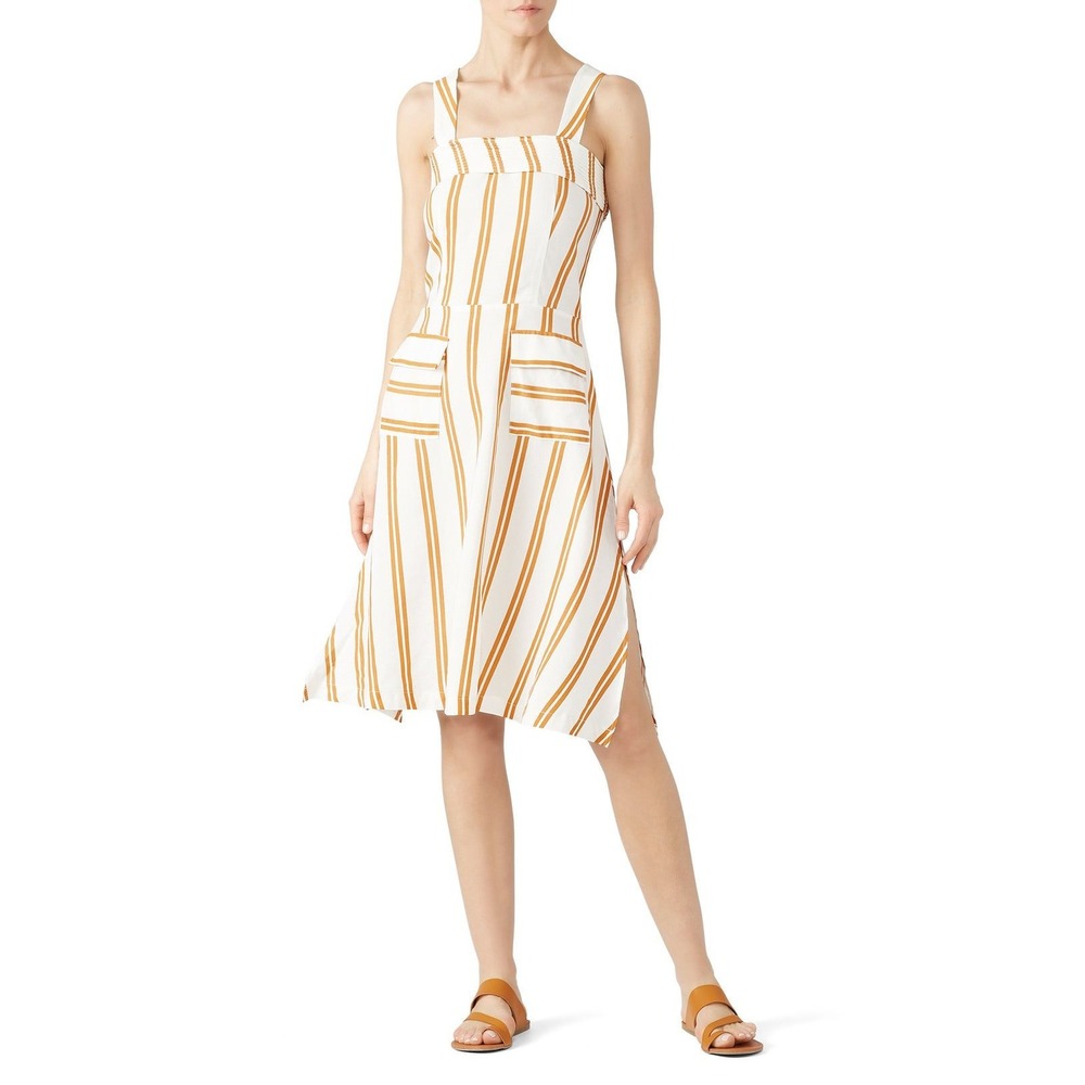 SANCIA Maise Dress White Mustard Yellow Striped Linen Blend Midi‎ Sun Dress- S